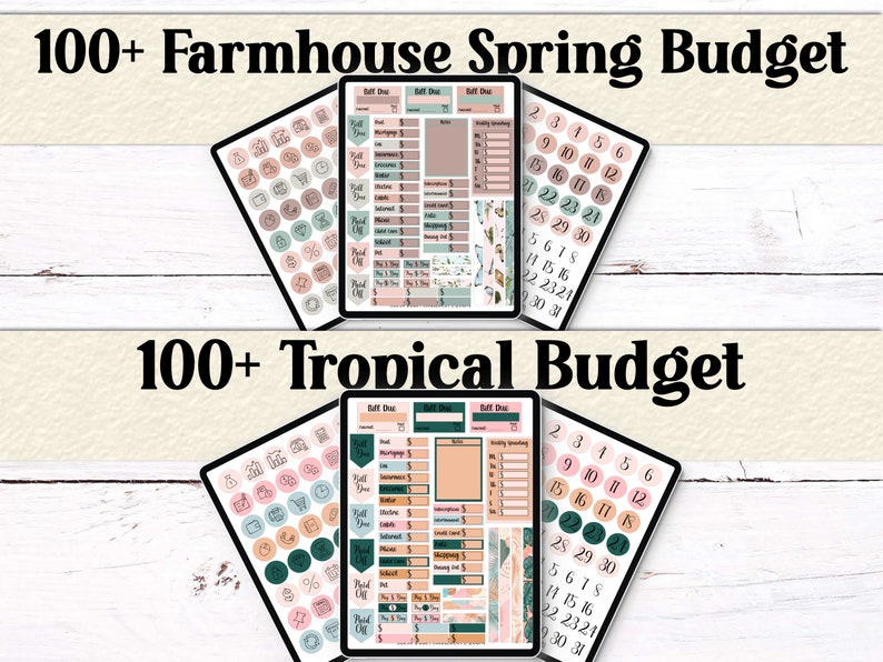 Farmhouse Spring and Tropical-themed budget planner stickers. Includes budget tracking, spending, and gift planner sections. Bright, floral aesthetic for seasonal use.