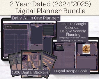 2024 2025 Dated Planner | 2 Year Goodnotes Planner | Dark Mode Flowers Theme | Links to Google Calendar | Recipe Book | Digital Stickers