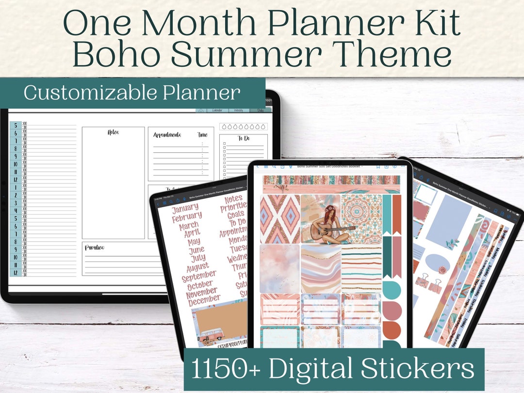 Monthly Digital Planner Kit With Digital Stickers Boho Summer Themed