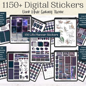 May include: A set of 1150 digital stickers with a dark mode galaxy theme. The stickers include a variety of designs, such as planets, stars, and galaxies. There are also stickers for meal planning, budgeting, self-care, and life planning. The stickers are perfect for adding a touch of whimsy and personalization to your planner or journal.