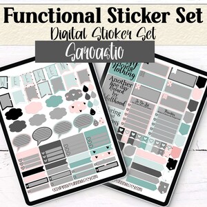 May include: A digital sticker set with a pink, gray, and teal color scheme. The stickers include various shapes, such as speech bubbles, hearts, and clouds. The text on the stickers includes "Weekend", "Another fine day ruined by adulthood", and "To Do List".