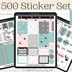 Könnte beinhalten: Ein digitaler Planer-Bildschirm zeigt einen Satz von 500 Herz-Sticker in Rosa, Grau und Blau. Die Sticker haben verschiedene Designs, darunter Herzen, Banner und Text. Der Text auf dem Bildschirm enthält "Hearts Themed Sticker Set of 500", "You are enough", "Enjoy the Journey", "Smart Strong Fearless", "XOXO Weekend Vibes", "Good Mood Celebrate", "Happy Day", "Imagine", "Create", "Live", "Laugh", "Amazing", "Love", "Relax" und mehr.