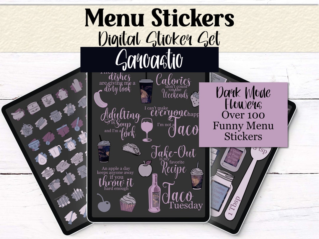 Dark Mode Sarcastic Menu Stickers | 100+ Funny Food Planner Stickers ...