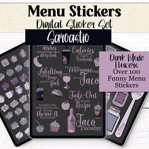 May include: Digital menu stickers with a sarcastic theme. The stickers include phrases like "Calories don't count on the weekends" and "Taco Tuesday." The stickers are in shades of black, purple, and white.