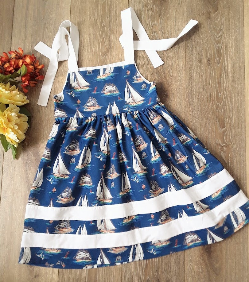 Navy Blue Sailboat Tie-Shoulder Summer Dress: Girls Size 7