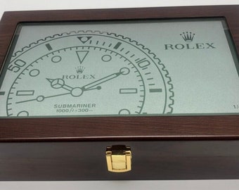 Submariner Homage Watch Box Storage Display Case with Glass Lid & Clasp Holds 10 watches, Dark Walnut veneer Edition.