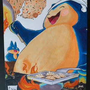 May include: A vibrant illustration depicting a cartoon character in a chef's hat, preparing dumplings. The character is predominantly blue and tan, with a cheerful expression. A smaller blue cartoon figure is also visible. The image includes Japanese and English text.