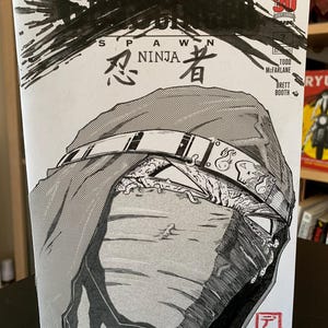 May include: A monochrome comic book cover for "Spawn Ninja", with Japanese characters and English text. The artwork shows a ninja with a detailed head covering and a stylized, ink-like background. The cover includes the number 30 and the names Todd McFarlane and Brett Booth.