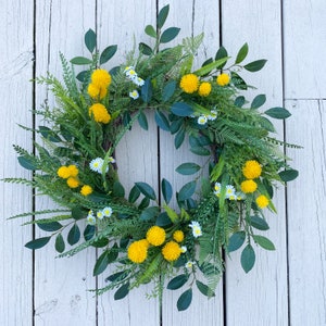 Wildflower wreath for front door, Yellow floral and fern wreath, Housewarming gift, Spring and summer wreath