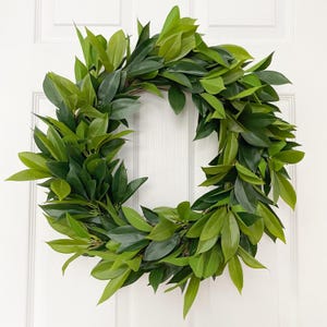 Greenery wreath for front door, Artificial Laurel leaves, Housewarming gift, Year round wreath
