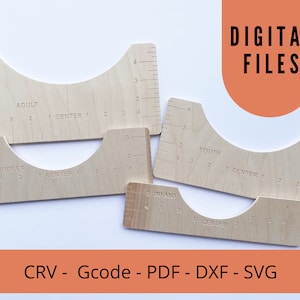May include: Four wooden rulers with curved edges and markings for different sizes: Adult, Toddler, Youth, and Infant. The rulers are labeled with "CENTER" and numbered from 1 to 4. The rulers are on a white background with the text "DIGITAL FILES" and "CRV - Gcode - PDF - DXF - SVG" in orange.