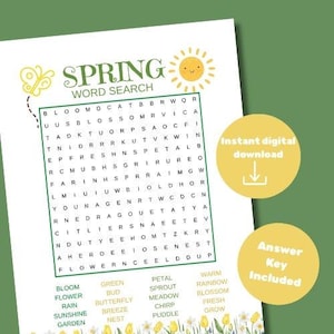 Puede incluir: Un rompecabezas de búsqueda de palabras con temática primaveral en papel blanco con un borde verde. El rompecabezas incluye palabras como "bloom" y "flower". También hay dos círculos amarillos con texto, "Descarga digital instantánea" y "Clave de respuestas incluida".
