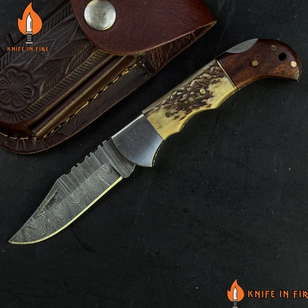 Custom Handcraft Damascus Folding pocket Camping pocket knife Hunting folding knife Wooden handle pocket Back lock folding knife Stag antler