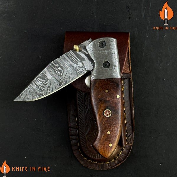 Custom Handcraft Damascus Folding pocket knife Camping pocket knife Hunting folding knife Wooden handle pocket knife Linerlock folding knife