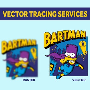 Könnte beinhalten: Ein Vergleich zwischen einem Rasterbild und einem Vektorbild. Das Rasterbild ist verschwommen und pixelig, während das Vektorbild scharf und klar ist. Beide Bilder zeigen eine Comicfigur mit lila Haaren und einem gelben Gesicht, die einen blauen Anzug und einen lila Umhang trägt. Die Figur fliegt durch die Luft und der Text "BARTMAN" ist in gelben Buchstaben über der Figur geschrieben.