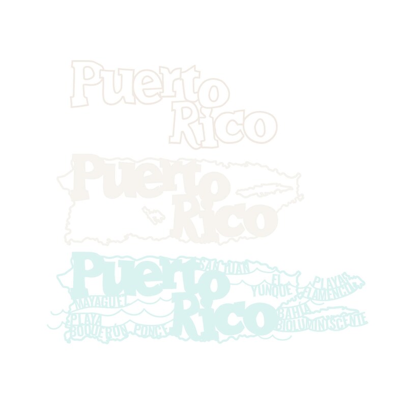 May include: A white outline of the island of Puerto Rico with the word "Puerto Rico" written in white letters inside the outline. The outline is repeated twice, with the second outline being a lighter shade of blue and including the names of cities and towns in Puerto Rico.
