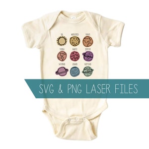 May include: A white baby onesie featuring a graphic of the planets in our solar system. The planets are drawn in a cartoon style and are labelled in Spanish. The text "SVG & PNG LASER FILES" is at the bottom of the onesie.