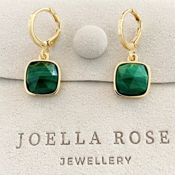 14K Gold Malachite Hoop Earrings, Square Malachite, Gift for Her