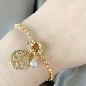 14K gouden bedelarmband met levensboom, parelbedelarmband, Rolo-ketting, cadeau voor haar, grote lentesluiting
