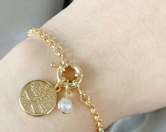 14K Gold Charm Bracelet with Tree of Life, Pearl Charm Bracelet, Rolo Chain Bracelet, Gift for Her, Large Spring Clasp