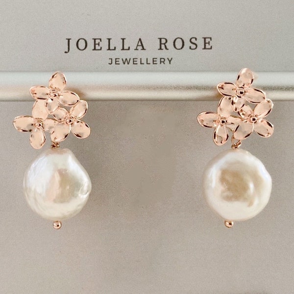 18K Rose Gold Blumen Perle Tropfen Ohrringe, Barock Perle Ohrringe, Perle Ohrringe, Geschenk für sie