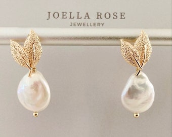 Boucles d'oreilles pendantes avec perle feuille d'or 18 carats, Boucles d'oreilles baroques avec perles, Boucles d'oreilles pendantes avec perle, Boucles d'oreilles Gold Filled, Cadeau pour elle