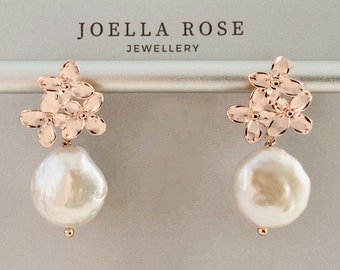 18K Rose Gold Flower Pearl Drop Earrings, Baroque Pearl Earrings, Pearl Drop Earrings, Gift For Her