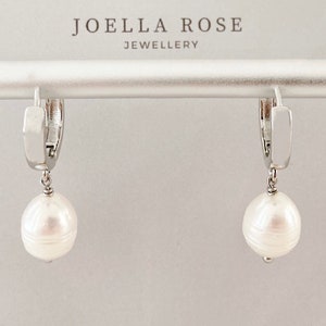 18K White Gold Pearl Drop Earrings, Baroque Pearl Earrings, Pearl Drop Earrings, Hoop Earrings, Gift for Her