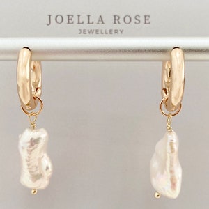 14K Gold Pearl Drop Earrings, Baroque Pearl Earrings, Pearl Drop Earrings, Hoop Earrings, Gold Huggie Earrings, Gift for Her