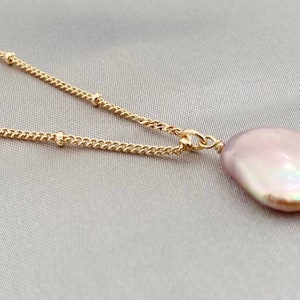 14K Gold Pink Baroque Pearl Pendant & Chain, Satellite Chain, Freshwater Button Baroque Pearl Pendant