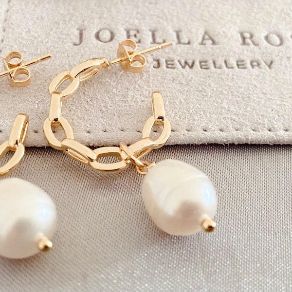 18K Gold Pearl Drop Earrings, Baroque Pearl Earrings, Chain Hoop Earrings, Gold Hoop Earrings, Gold Huggie Earrings, Gift for Her