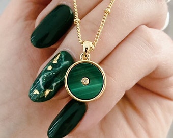 14K Gold Malachite Necklace, Delicate Malachite Pendant with Cubic Zirconia, Gold Filled Satellite Chain, Gift for Her