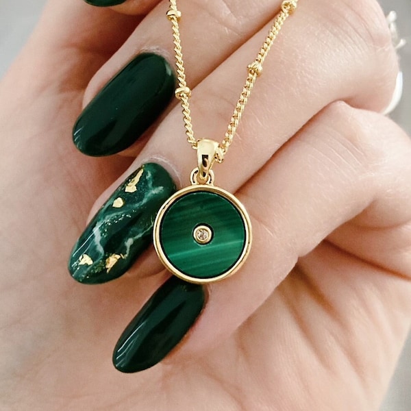 14K Gold Malachite Necklace, Delicate Malachite Pendant with Cubic Zirconia, Gold Filled Satellite Chain, Gift for Her
