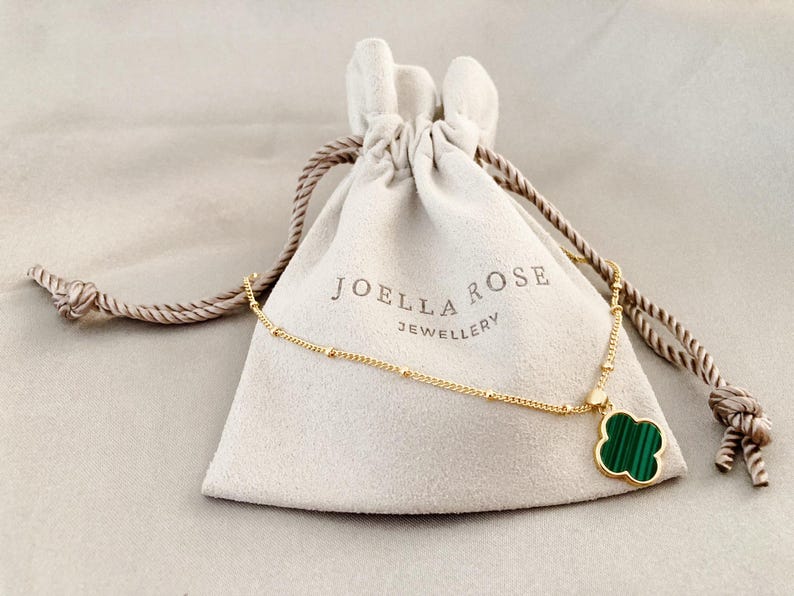 Gold Malachite Clover Necklace, Satellite Chain, Delicate Clover