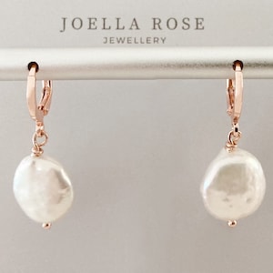 18K Rose Gold Baroque Pearl Hoop Earrings, Freshwater Pearl, Button Pearl