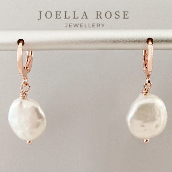 Créoles en or rose 18 carats avec perles baroques, perle d'eau douce, nacre