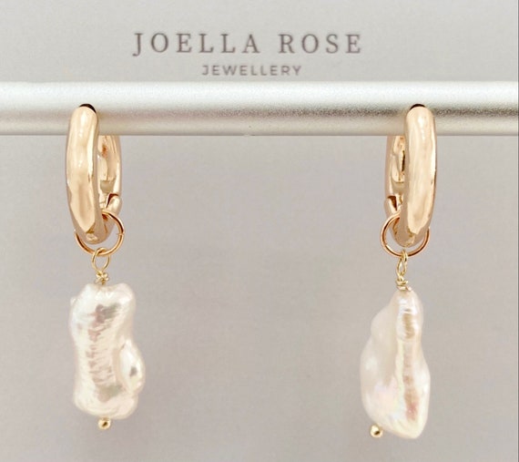 14K Gold Pearl Drop Earrings, Baroque Pearl Earrings, Pearl Drop