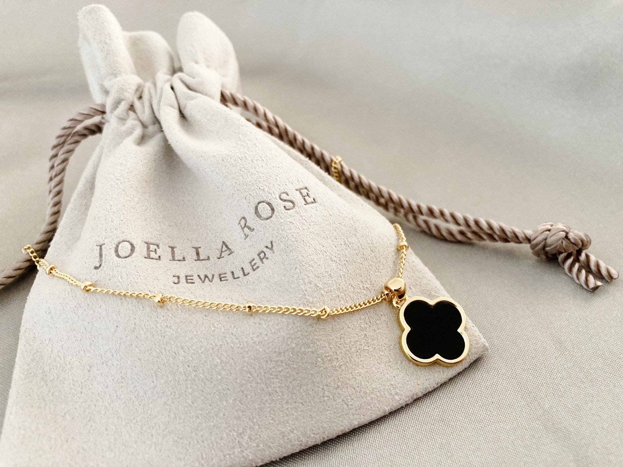 Gold Black Onyx Clover Necklace Satellite Chain Delicate Clover Necklace Black Onyx Clover Pendant Lucky Four Leaf Clover Gift for Her