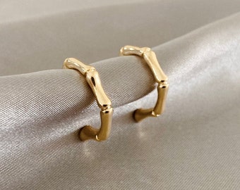 Gold Bamboo Hoop Earrings, 14K Gold Earrings, Everyday Hoops, Minimalist Gold Hoops, Gift for Her