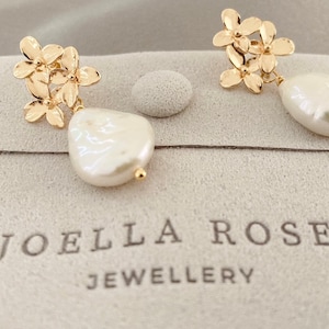 18K Gold Flower Pearl Drop Earrings, Baroque Pearl Earrings, Pearl Drop Earrings, Gift for Her image 2