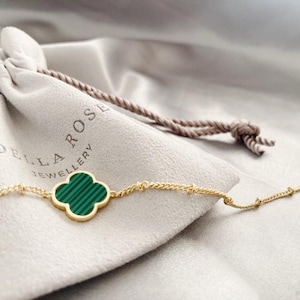 14K Gold Malachite Clover Bracelet, Delicate Clover Bracelet, Malachite, Lucky Four Leaf Clover, Gift for Her