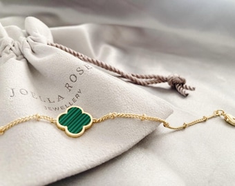 14K Gold Malachite Clover Bracelet: Lucky Charm Jewelry