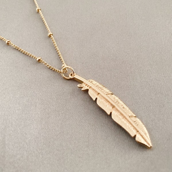 14K Gold Feather Pendant, Satellite Chain, Gift for Her