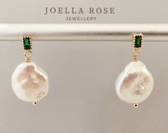 18K Green Crystal & Pearl Earrings, Cubic Zirconia, Freshwater Pearl Earrings, Gift for Her
