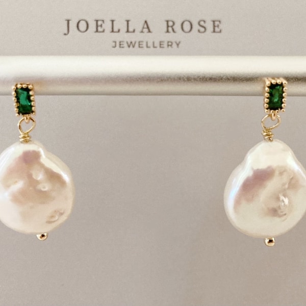 Pendientes de perlas y cristal verde de 18K, circonitas cúbicas, pendientes de perlas de agua dulce, regalo para ella