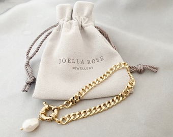 14k Gold Curb Bracelet: Pearl Charm Statement Bracelet