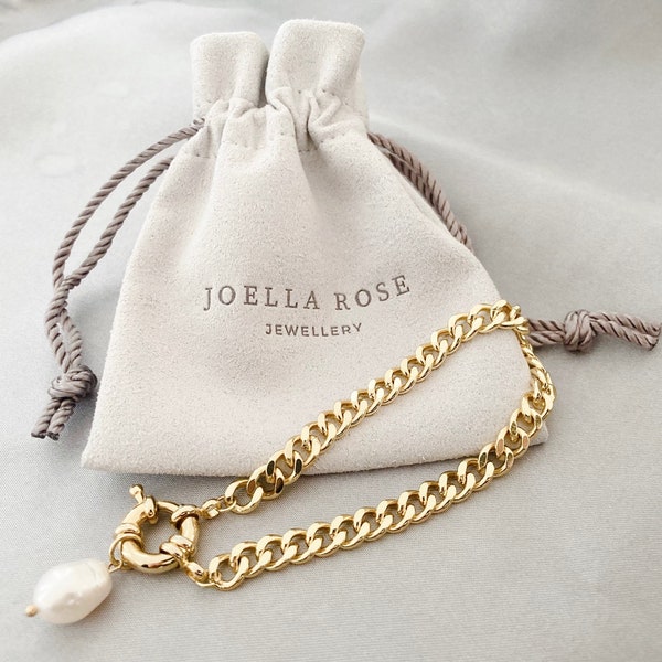 14k Gold Curb Bracelet, Pearl Charm, Large Spring Clasp, Statement Bracelet, Charm Bracelet, Everyday Bracelet