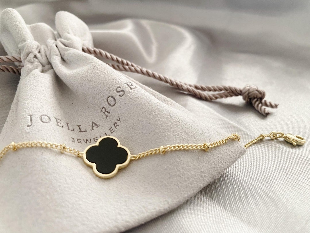 14K Gold Black Onyx Clover Bracelet, Delicate Clover Bracelet