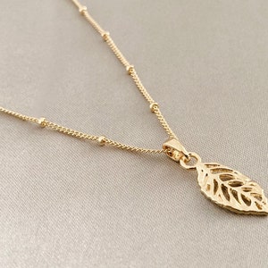 14K Gold Leaf Pendant, Satellite Chain, Gold Filled, Gift for Her