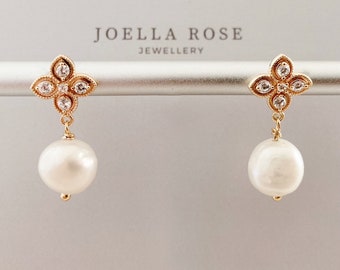 18K Gold Flower Pearl Drop Earrings, Cubic Zirconia, Baroque Pearl Drop Earrings, Gift for Her